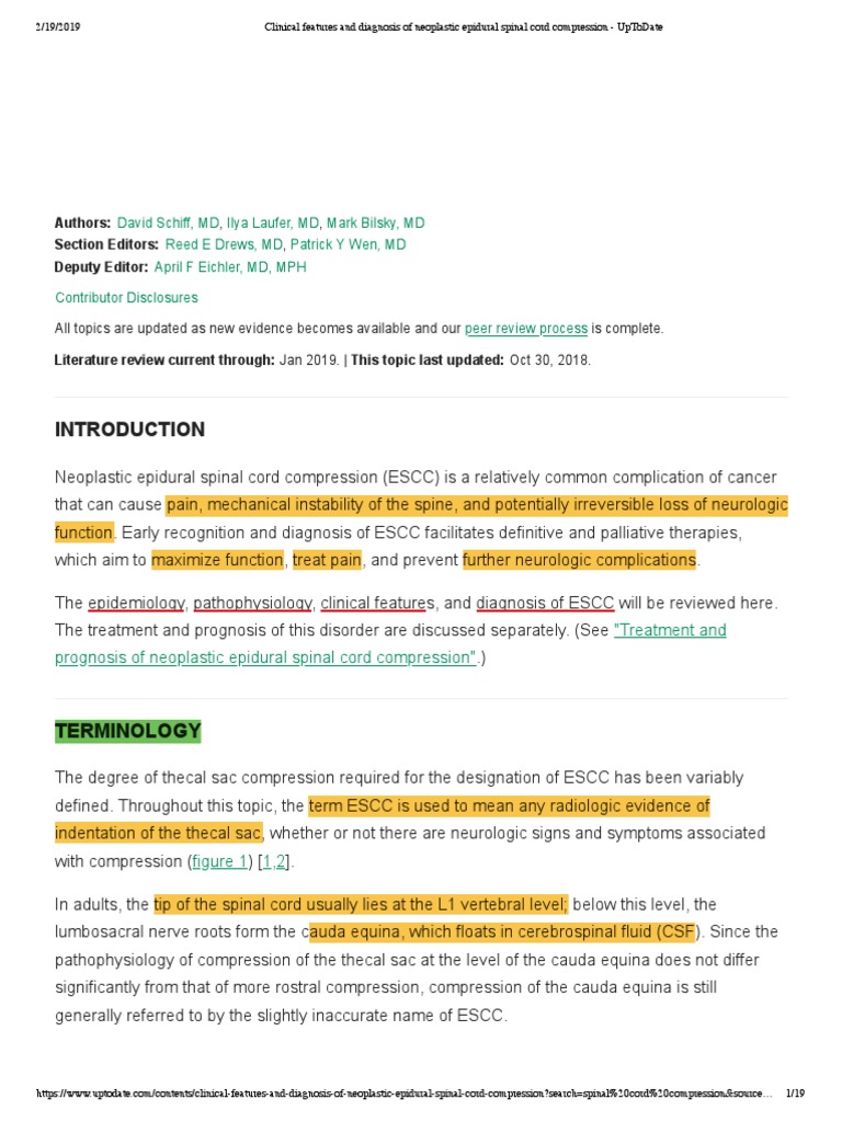 Clinical Features and Diagnosis of Neoplastic Epidural Spinal Cord