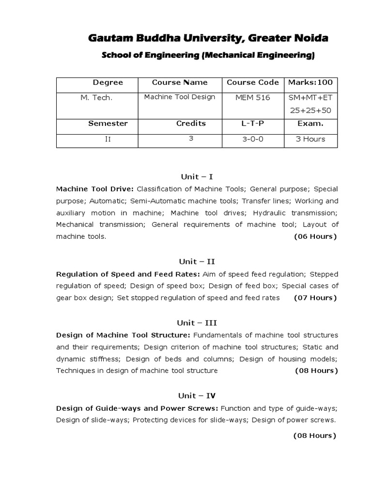 MEM 516 Machine Tool Design PDF Machines Machine Tool