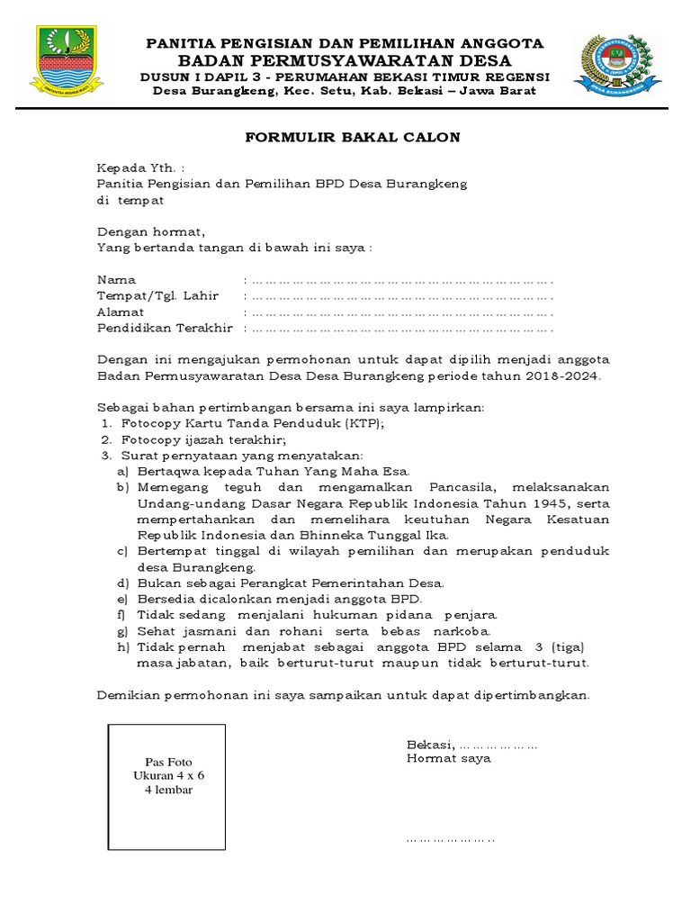 Surat Permohonan Pendaftaran Bpd