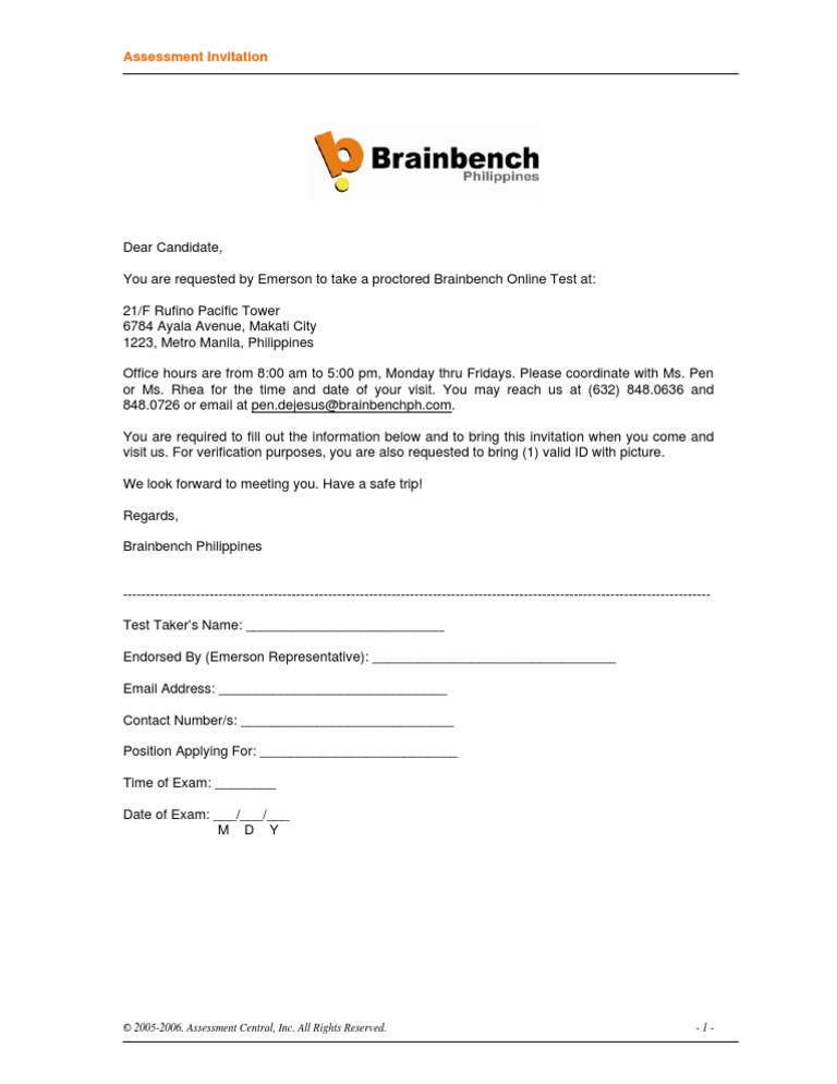 Brainbench Test Invitation for Candidates | PDF