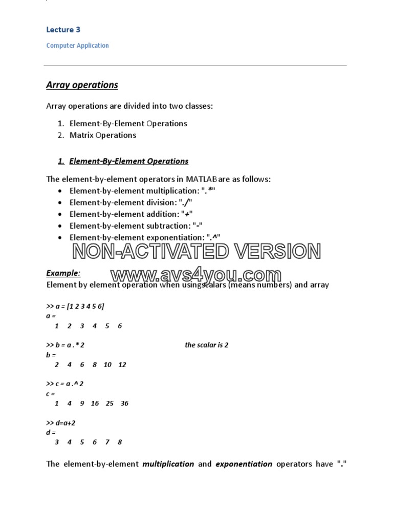 MATLAB Array Operations Explained | PDF | Matrix (Mathematics) | Equations
