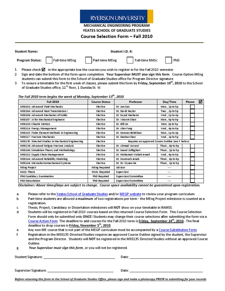 Course Selection Form Mechanical Fall 2010 Pdf Thesis Doctor Of