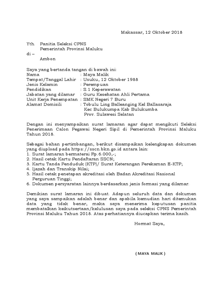 Contoh Surat Lamaran Kerja Docx