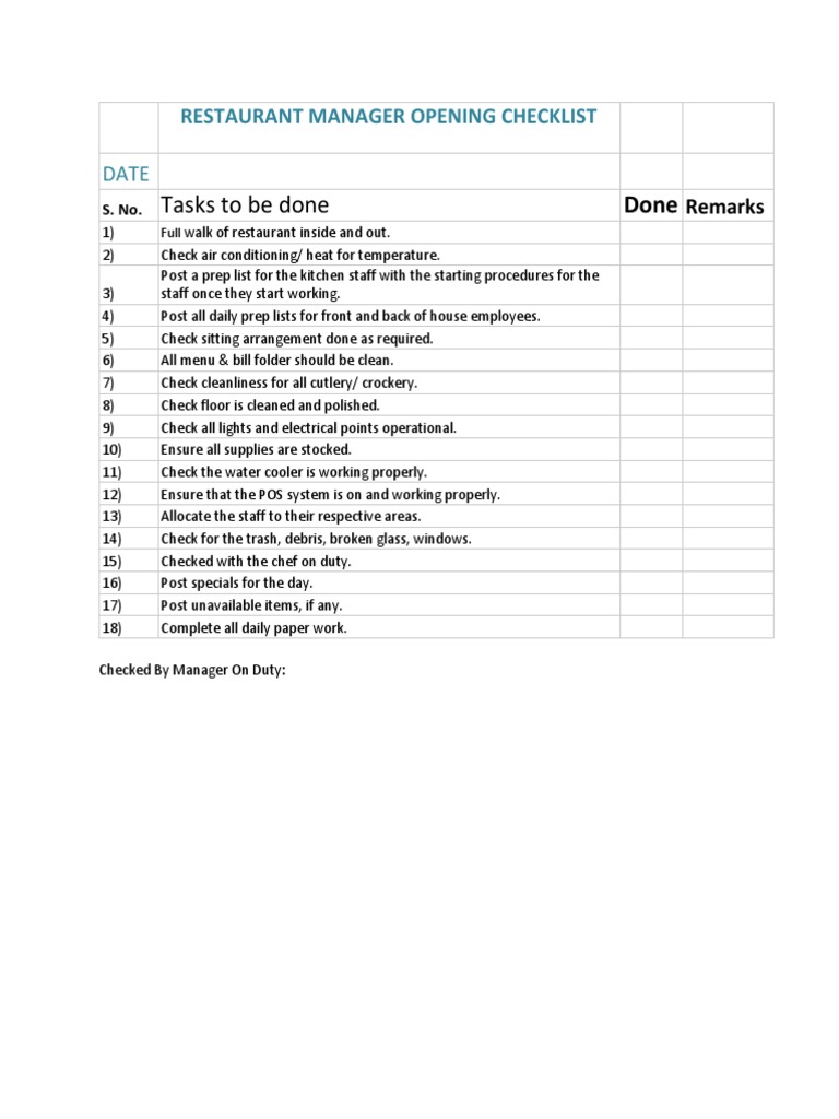Restaurant Manager Opening & Closing Checklist | PDF