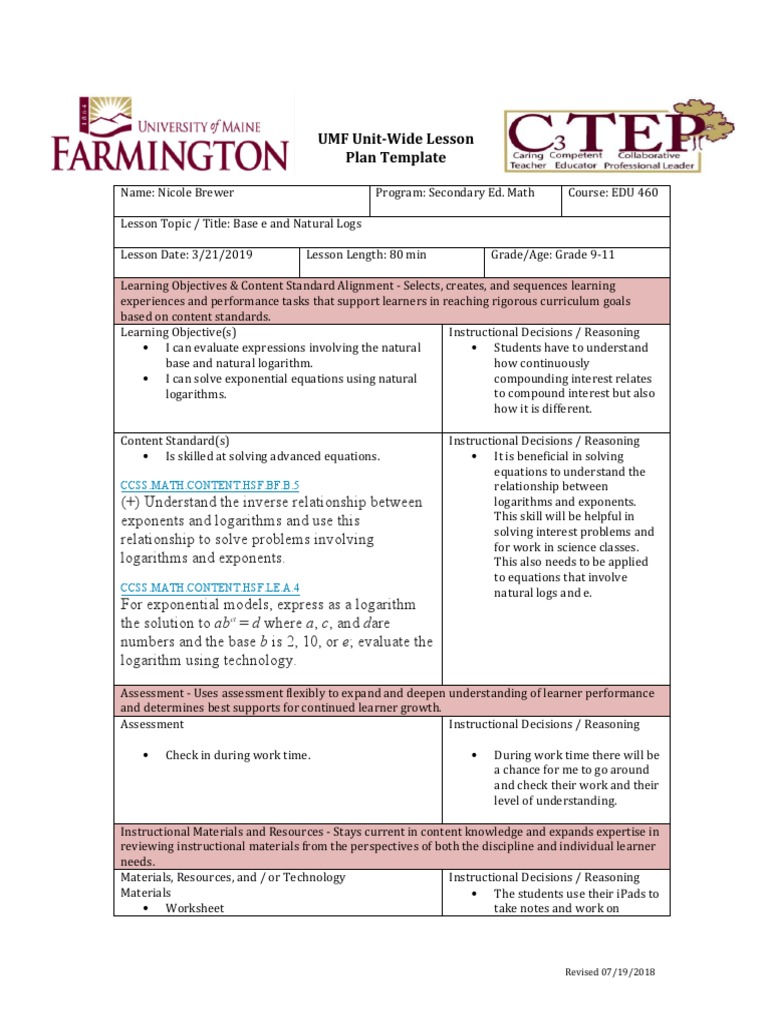 UMF Unit-Wide Lesson Plan Template: Ccss - Math.Content - Hsf.Bf.B.5 ...