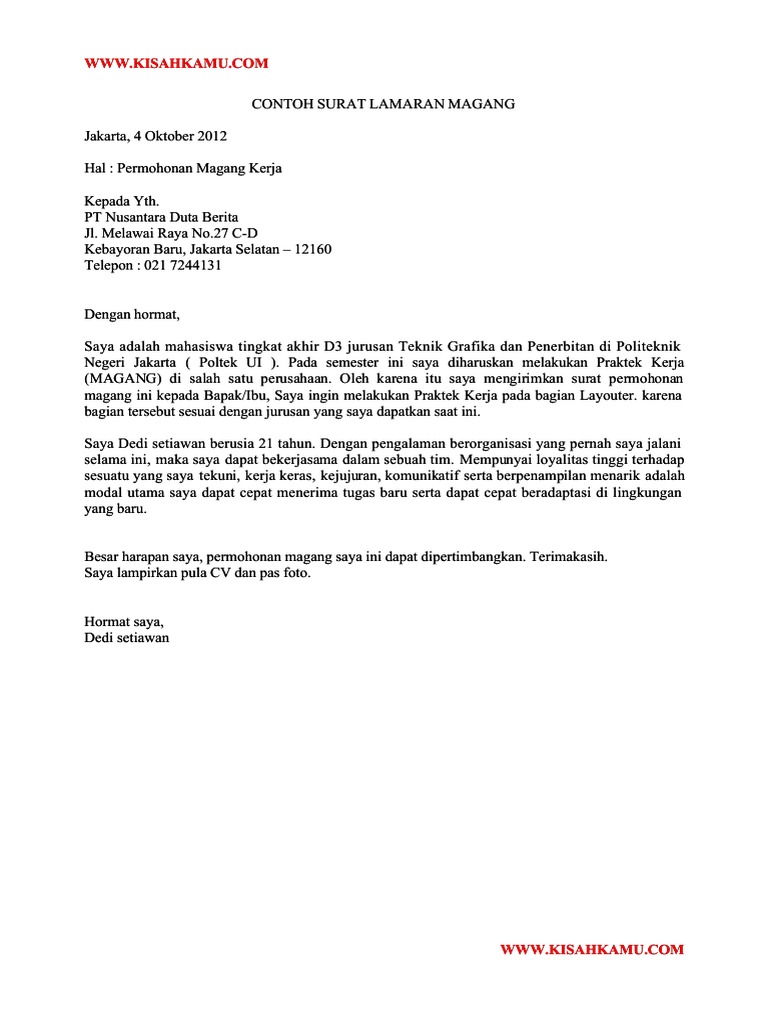 Contoh Surat Lamaran Untuk Magang Di Perusahaan - Kumpulan ...