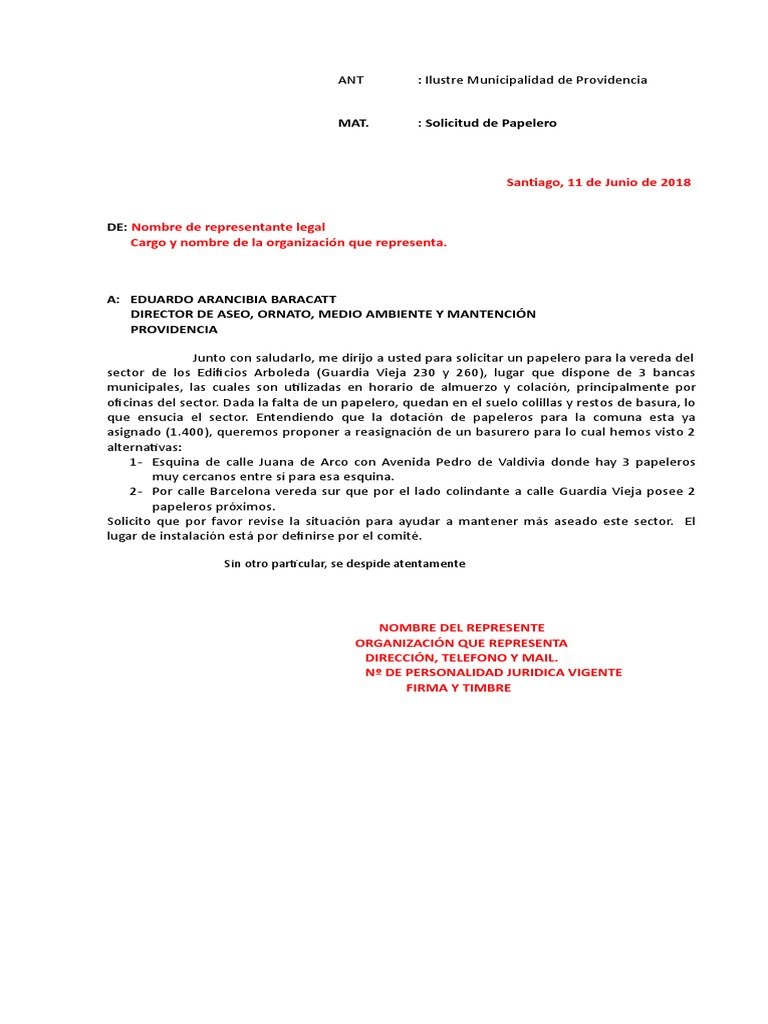 Carta Solicitud De Basurero