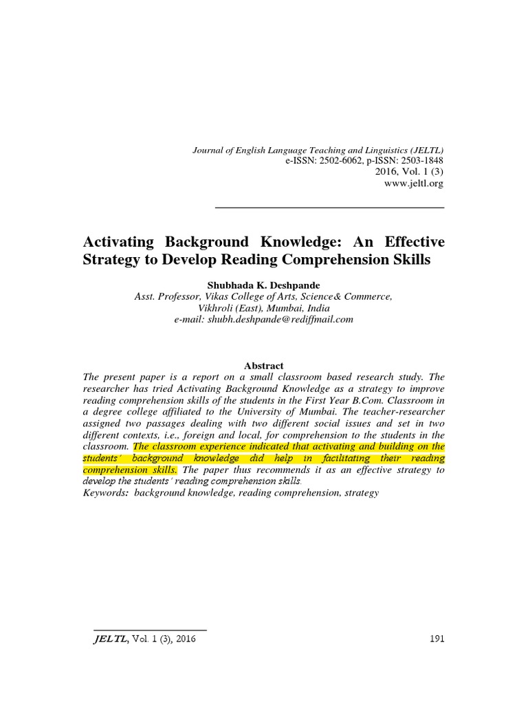 Activating Background Knowledge for Reading Skills | PDF | Reading ...