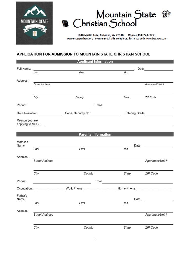 Application For Admission To Mountain State Christian School | PDF