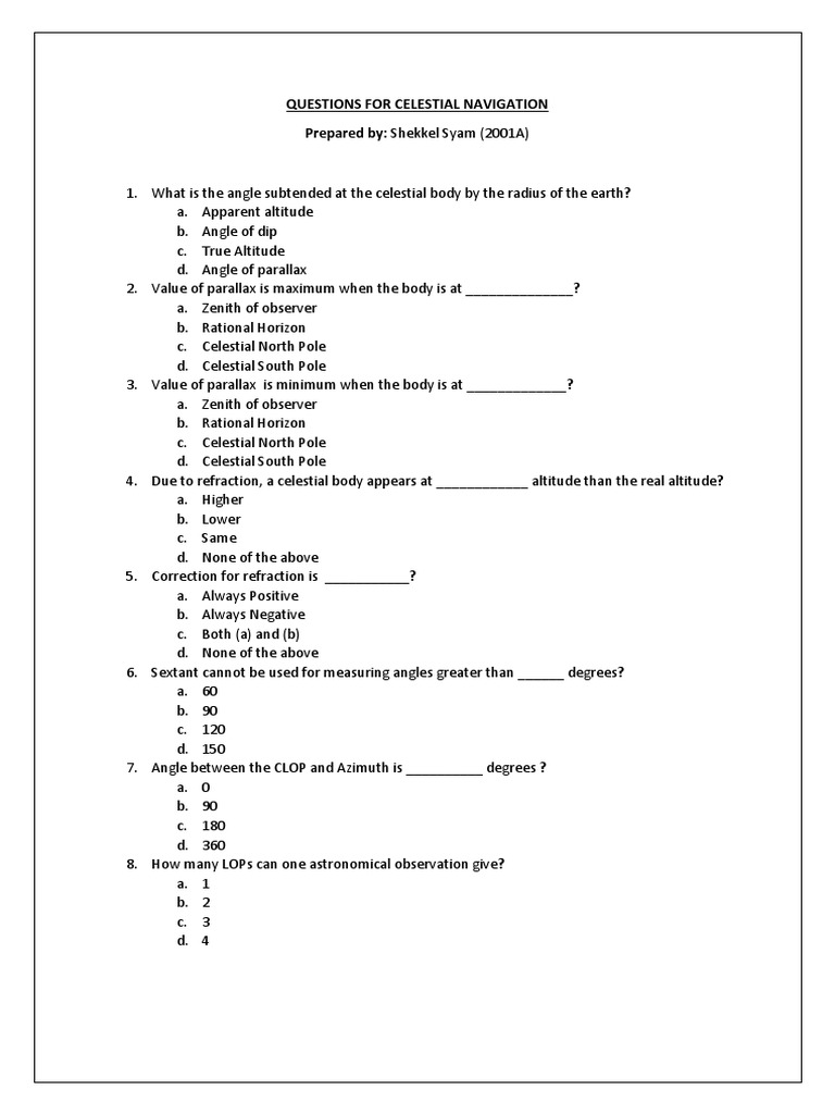 Celestial Navigation Questions1 PDF Horizon Angle