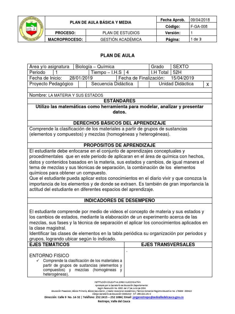 1 Periodo Plan de Aula Formato Nuevo | PDF | Mezcla | Plan de estudios