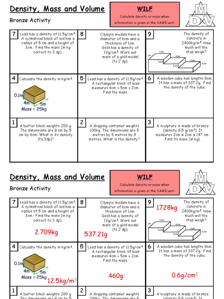 Density, Mass and Volume Higher Ability  Density  Volume With Regard To Mass Volume Density Worksheet