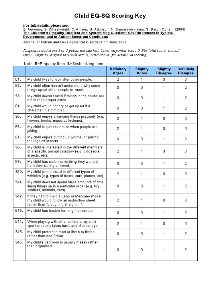 EQSQ Child Scoring Key PDF Pervasive Developmental Disorders Autism