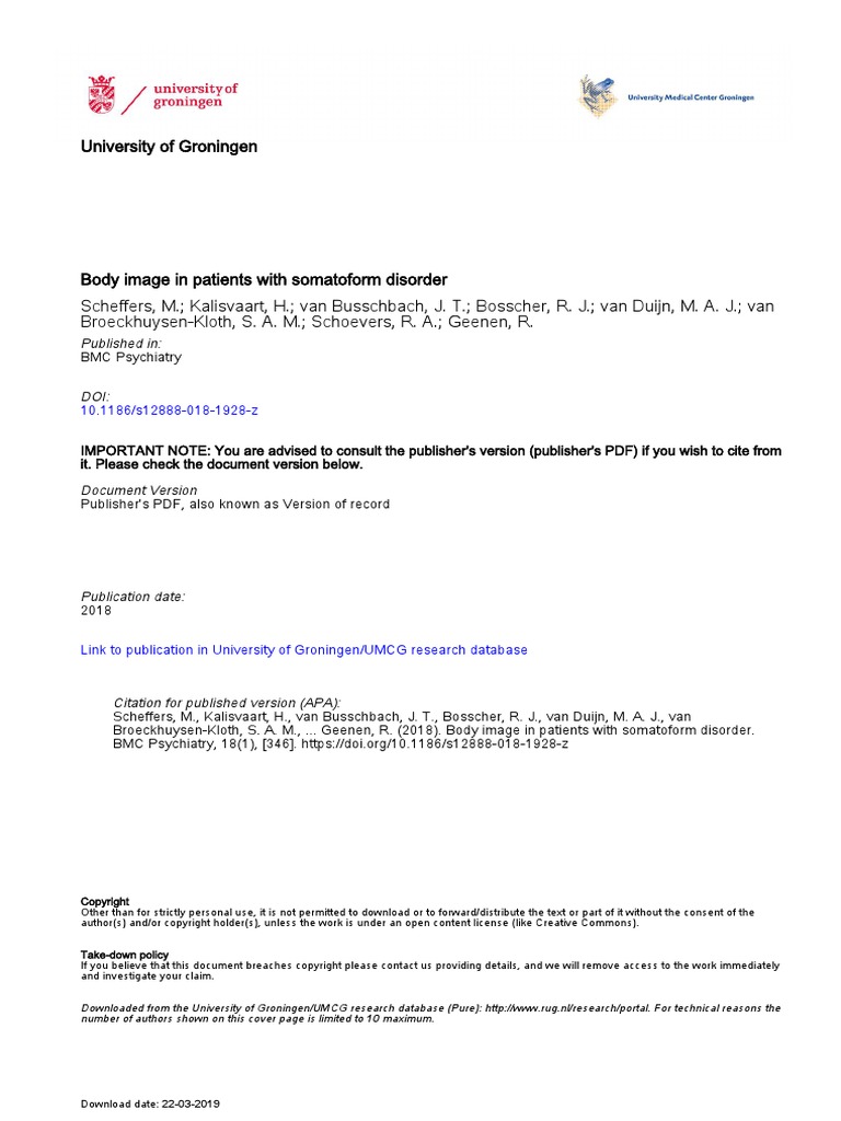 Body Image In Patients With Somatoform Disorder 18 Mental Disorder Diagnostic And Statistical Manual Of Mental Disorders