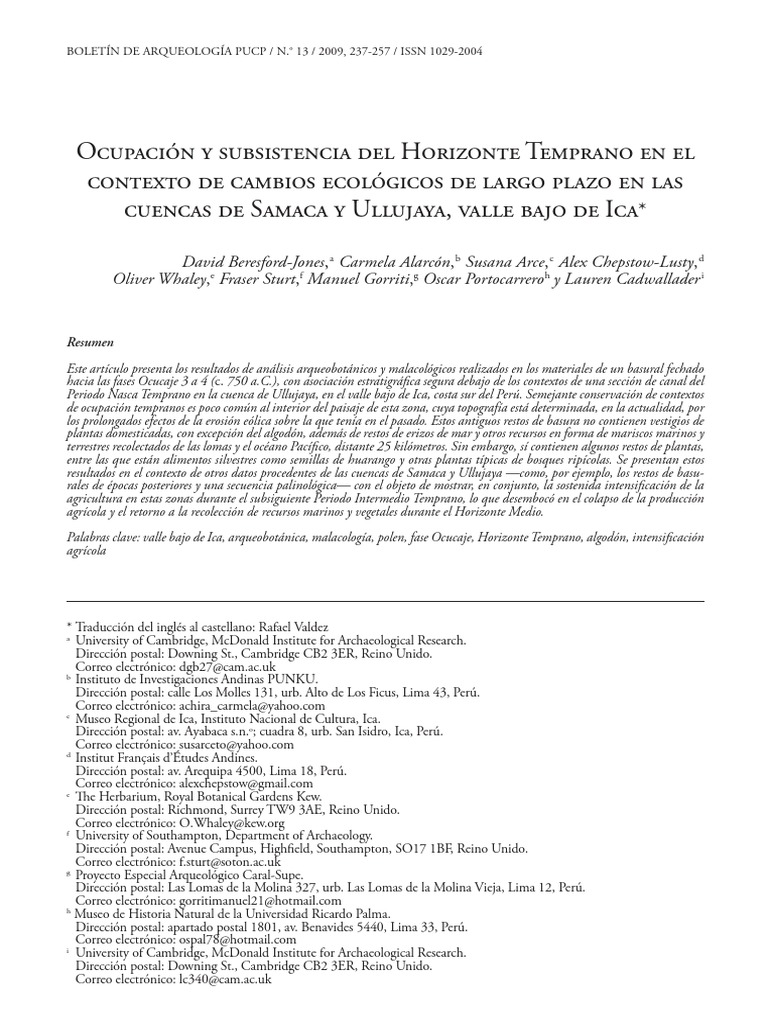 BERESFORDJONES, D. Et Al. 2009. Ocupaci+ N y Subsistencia Del