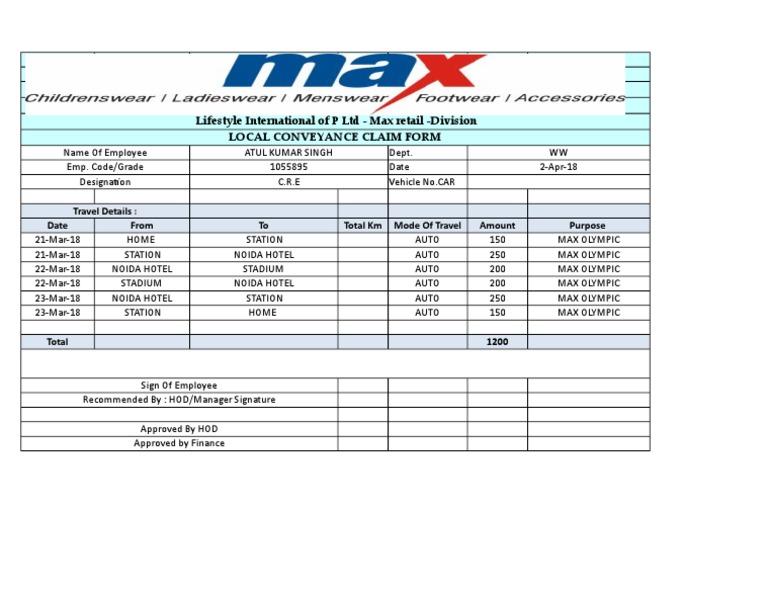 Max Retail Division Travel Claim Form | PDF