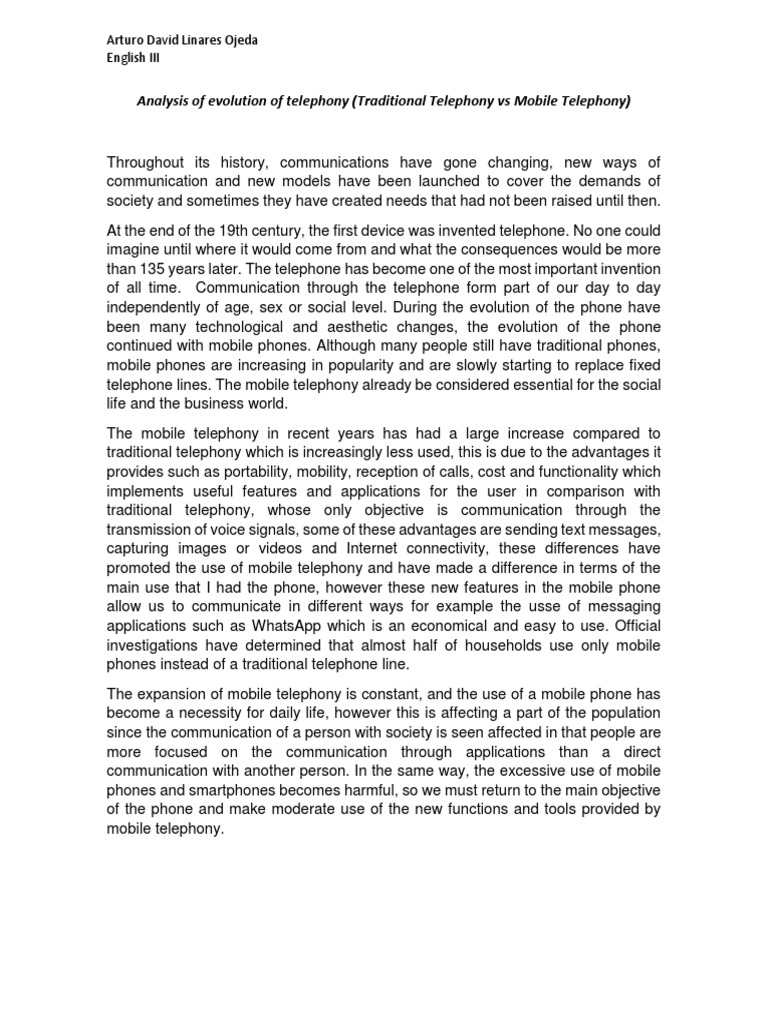 Analysis of Evolution of Telephony (Traditional Telephony Vs Mobile