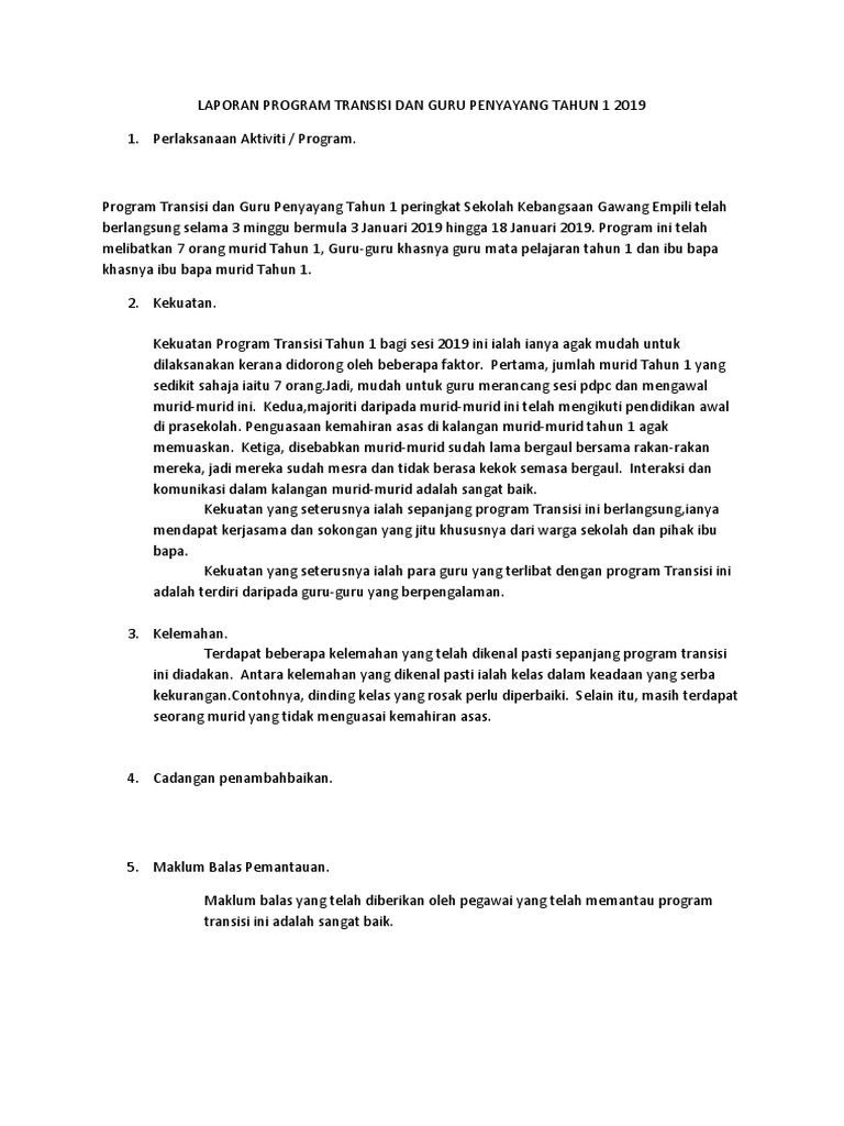 Laporan Program Transisi Dan Guru Penyayang Tahun 1 2011 Pdf