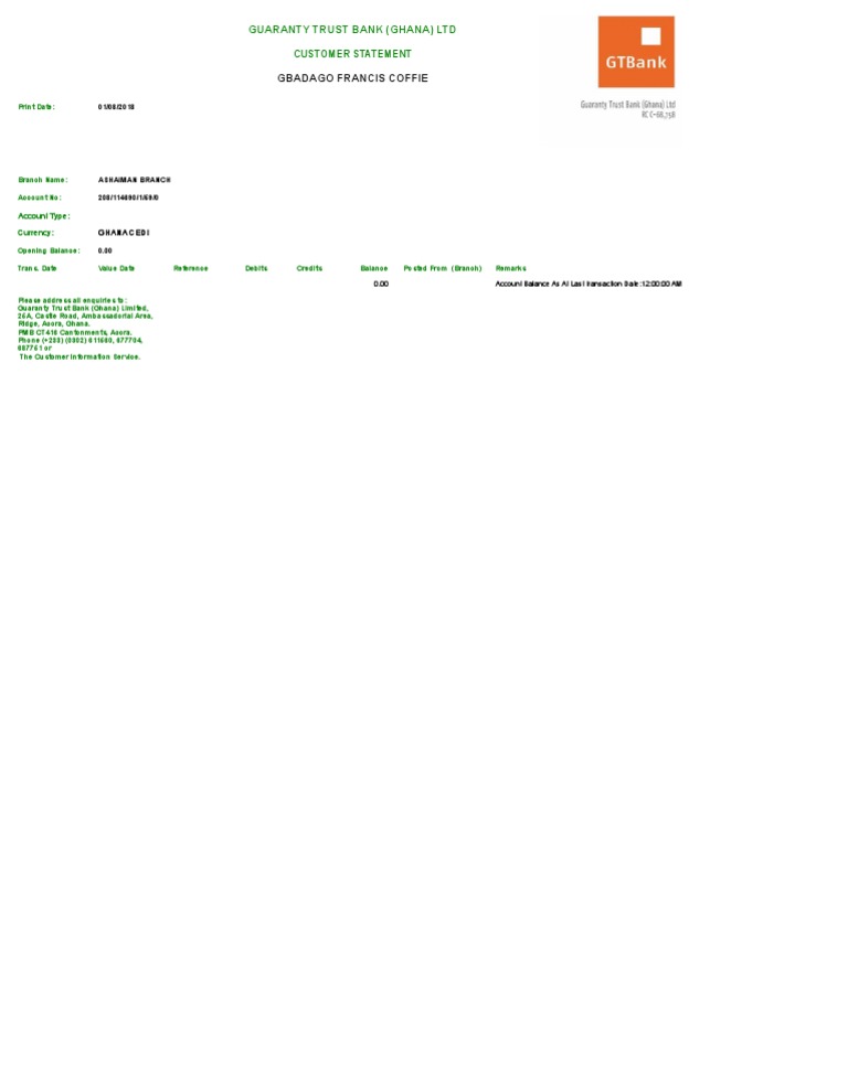 GTBank Ghana Customer Statement Summary | PDF