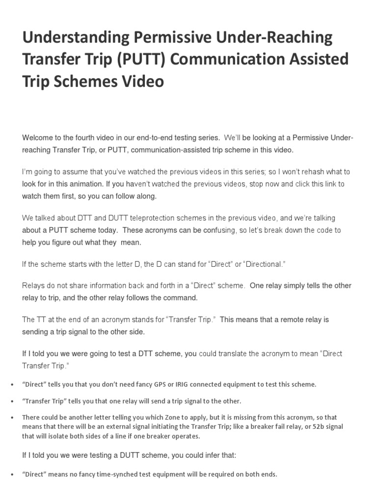 Understanding Permissive UnderReaching Transfer Trip (PUTT