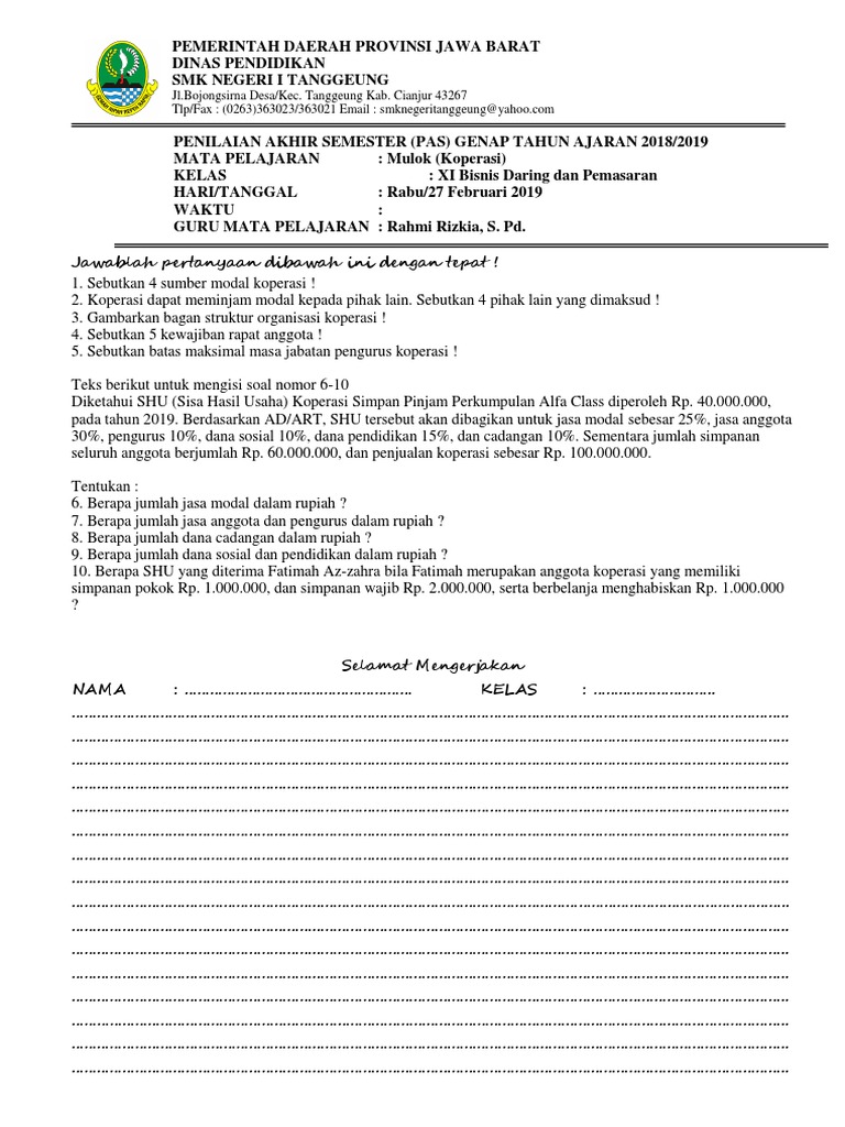 Soal Pas Genap Koperasi 2018 2019 Docx