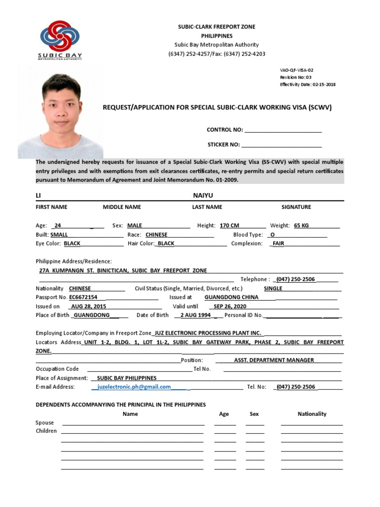 Application for a Special SubicClark Working Visa PDF Travel Visa