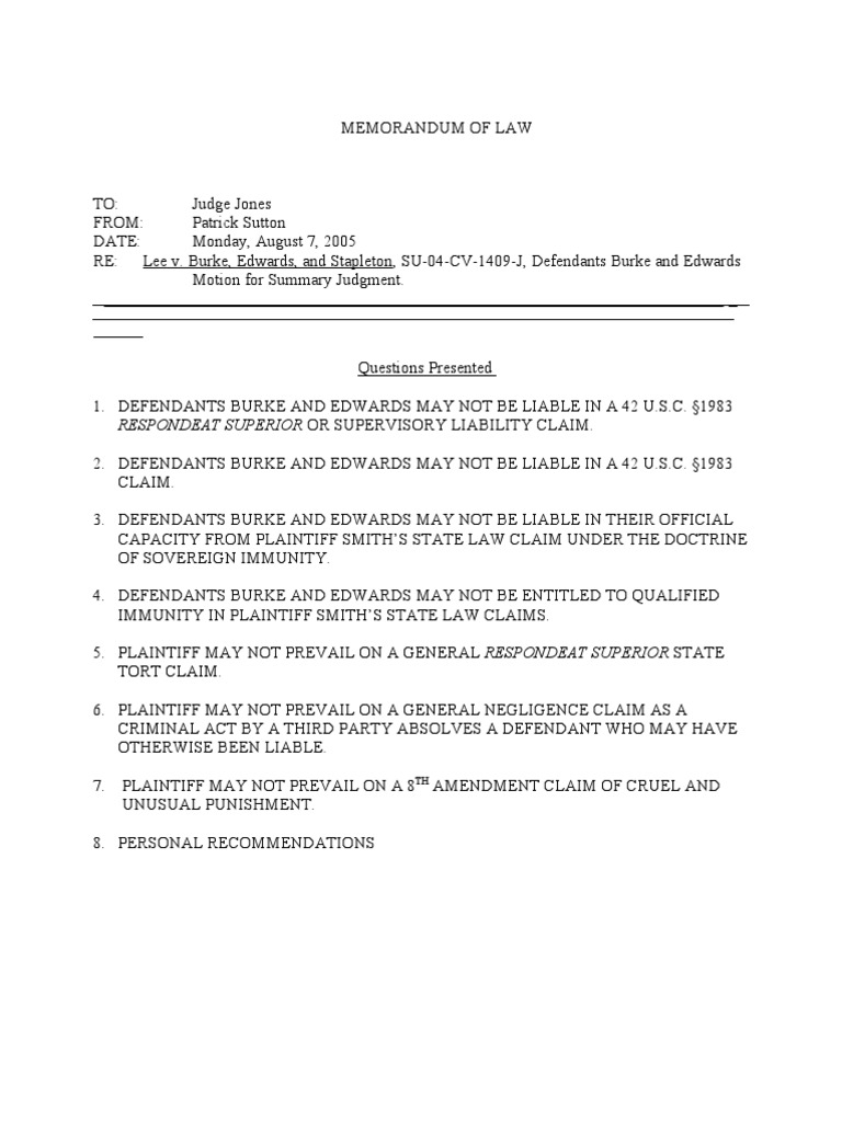 Memo of Law Writing Sample | PDF | Qualified Immunity | Negligence