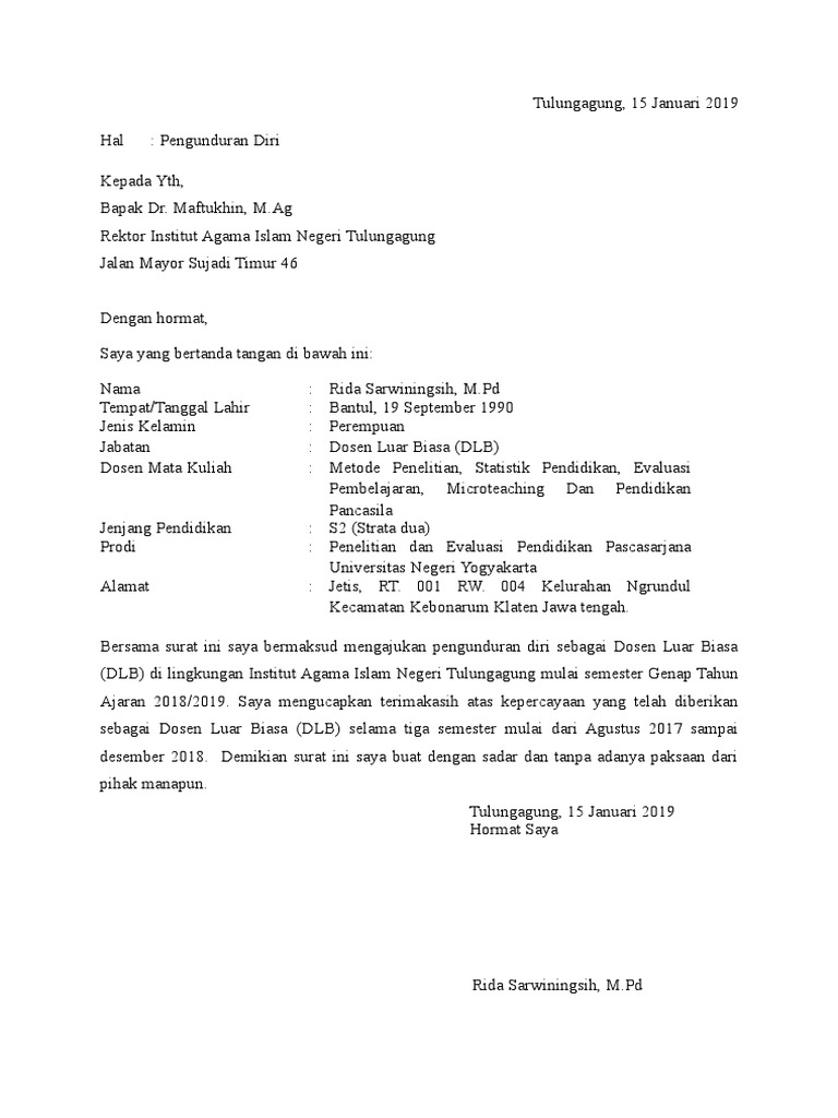 Contoh Surat Pengunduran Diri