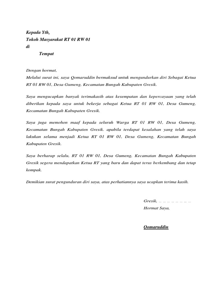 Surat Pengunduran Diri Rt Pdf