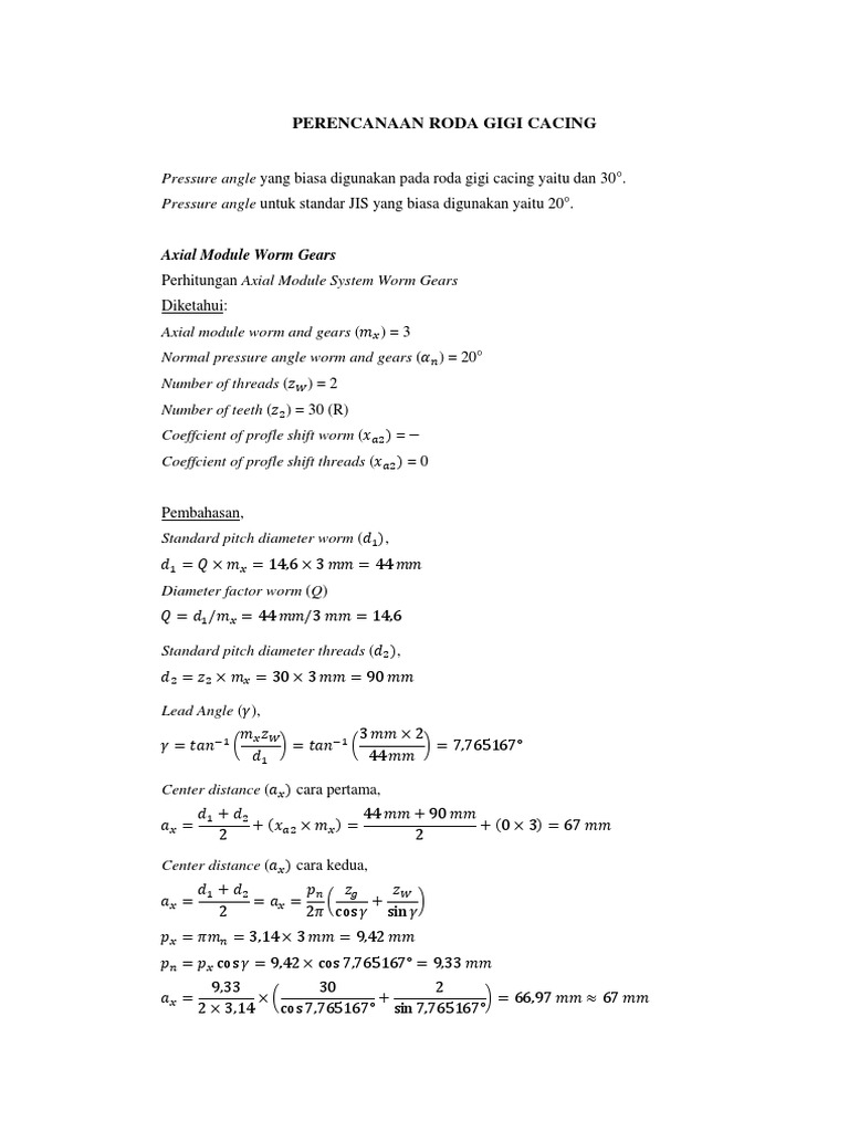 Perencanaan Roda Gigi Cacing Axial Module Worm Gears PDF Gear