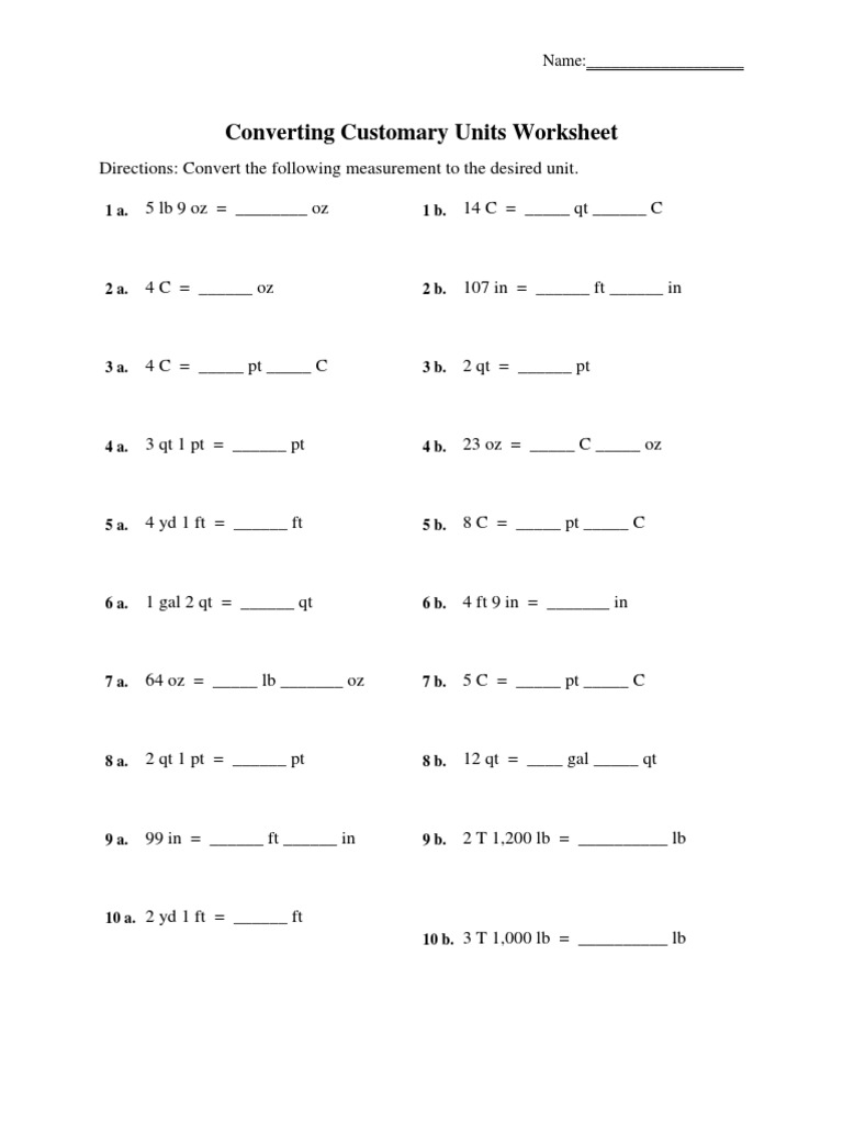 Converting customary units worksheet name pdf