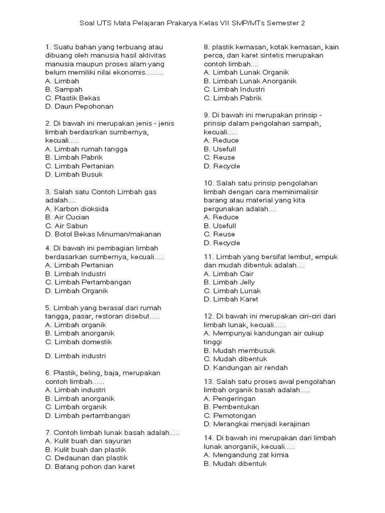 Soal Prakarya Kls 7 Sm 2 Docx