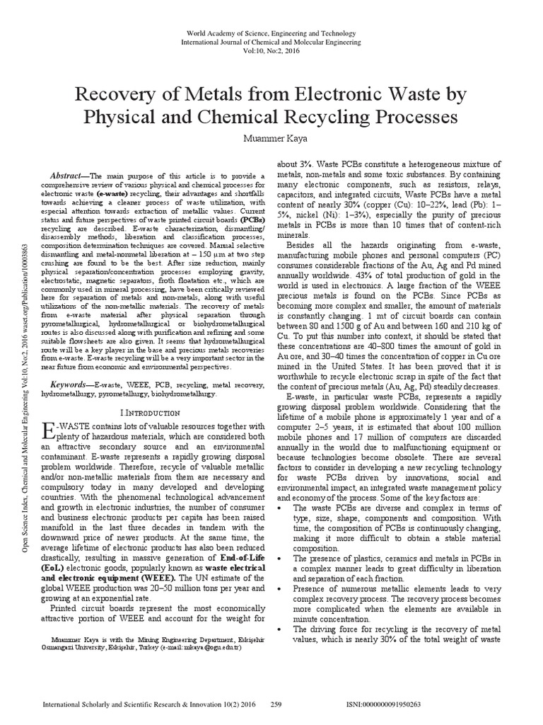 Comprehensive Review of Electronic Waste Recycling Processes | PDF ...