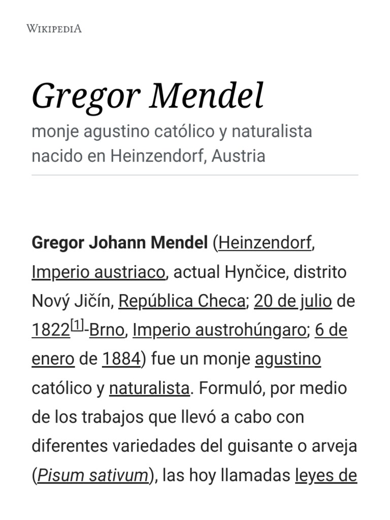 Gregor Mendel - Wikipedia, La Enciclopedia Libre | PDF | Dominancia ...