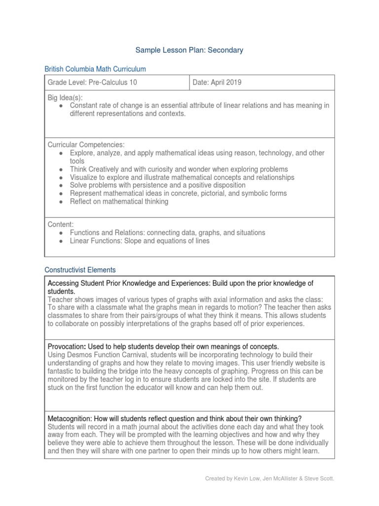 Pre-Calculus 10 Lesson Plan: Linear Functions | PDF | Teaching ...