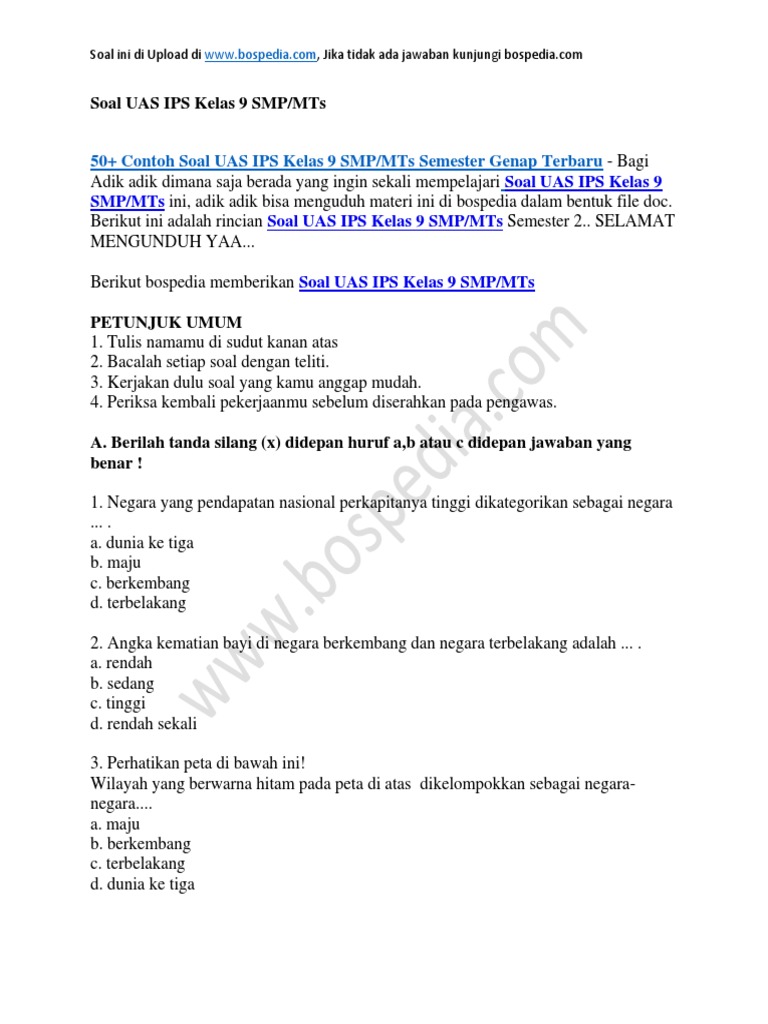 50 Contoh Soal Uas Ips Kelas 9 Smp Mts Semester Genap Docx