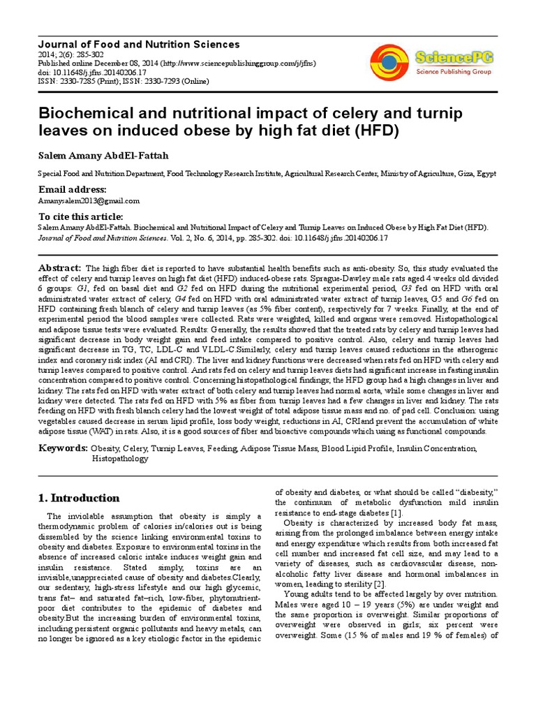 Biochemical and Nutritional Impact of Celery and Turnip Leaves On