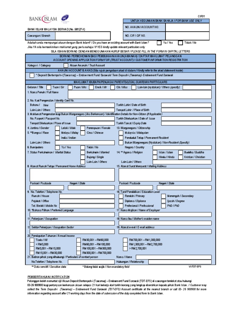 Cif 01 Account Opening Form For Efs Programme Pdf Privacy Personally Identifiable Information