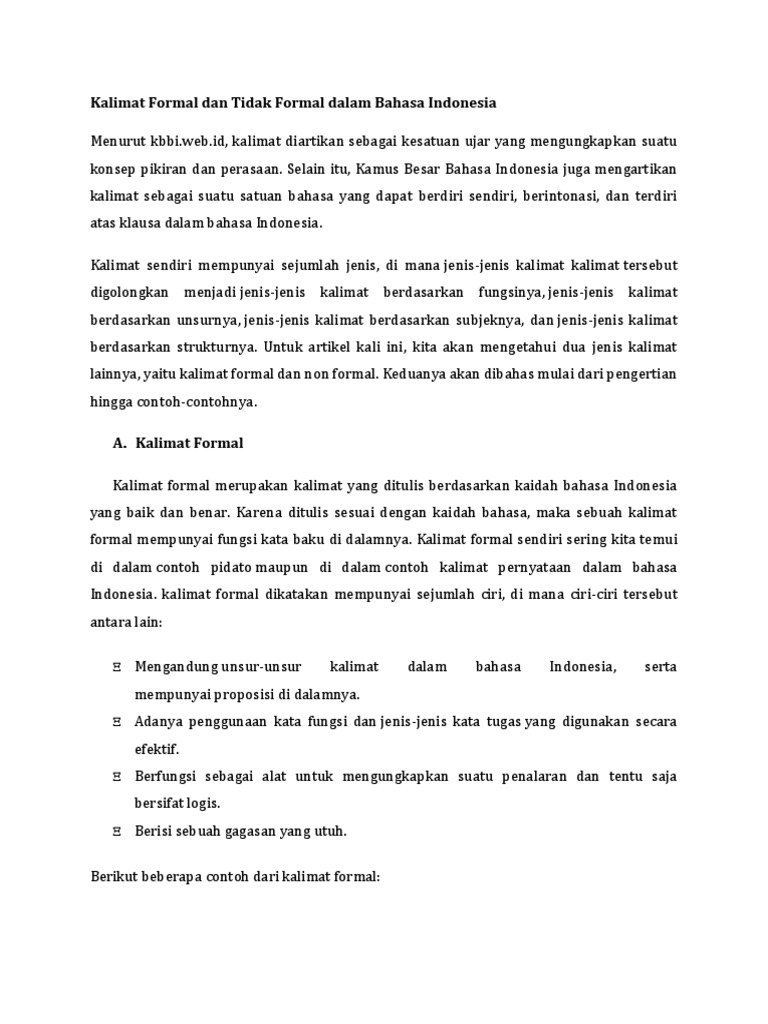 Kalimat Formal Dan Tidak Formal Dalam Bahasa Indonesia Docx
