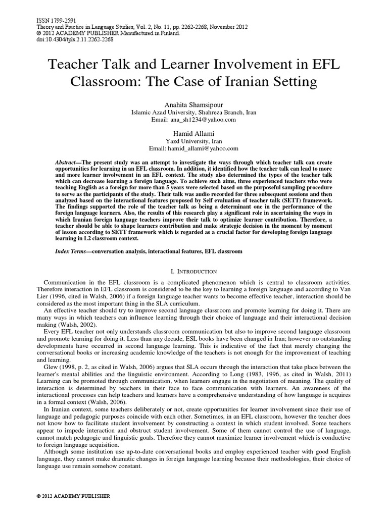 Teacher Talk and Learner Involvement in EFL Classroom: The Case of ...