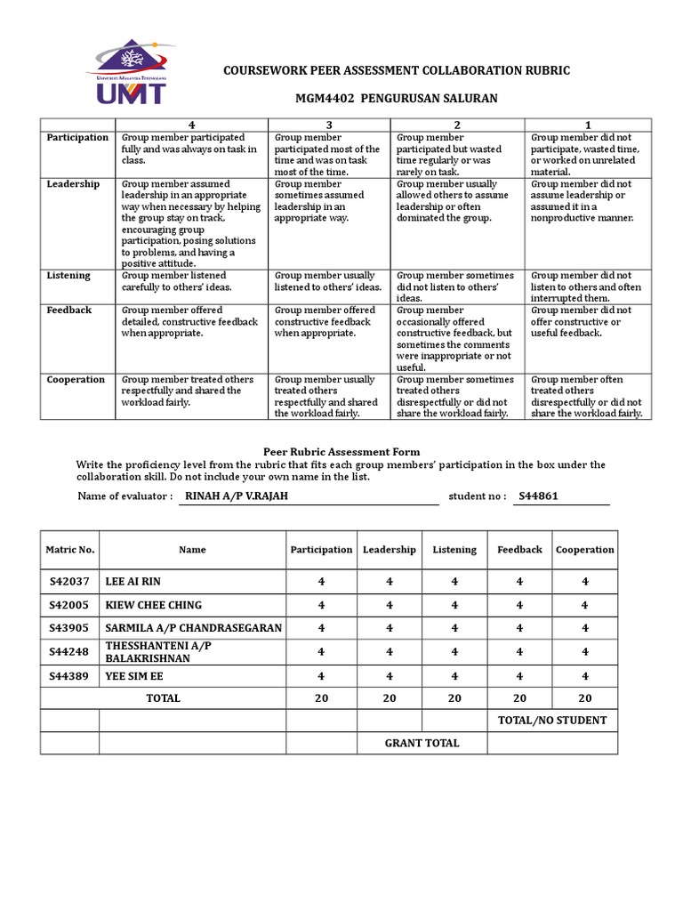 Peer Assessment Collaboration Rubric | PDF | Applied Psychology | Change