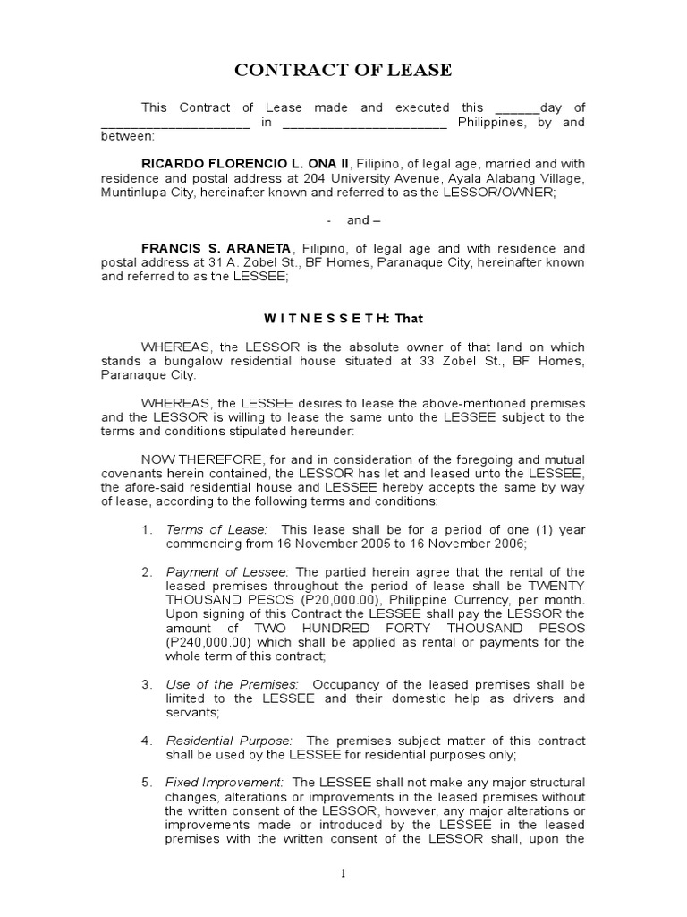 Contract Of Lease RICARDO FLORENCIO L. ONA II, Filipino, of legal age