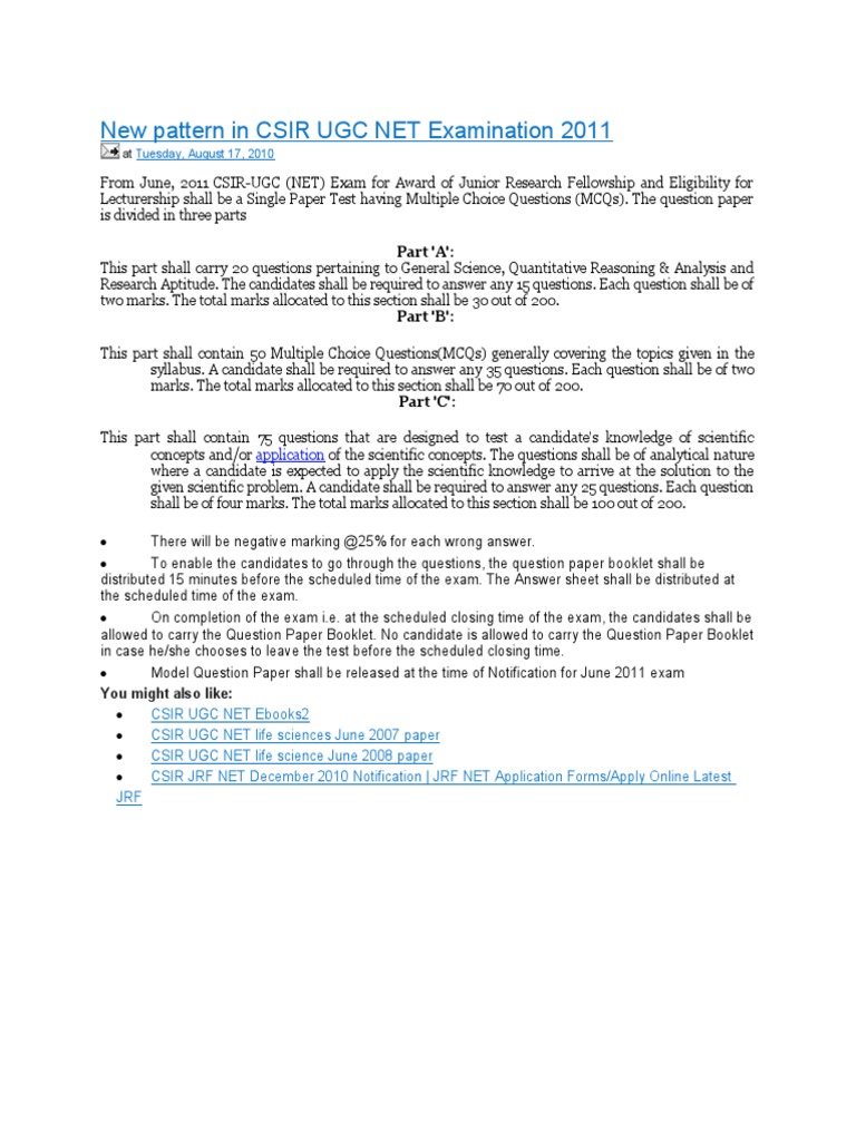 CSIR UGC NET Exam Pattern 2011 Explained | PDF | Multiple Choice | Test ...