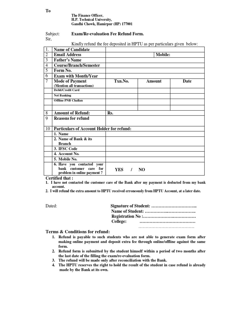 Examination Re Evaluation Fee Refund Form PDF | PDF