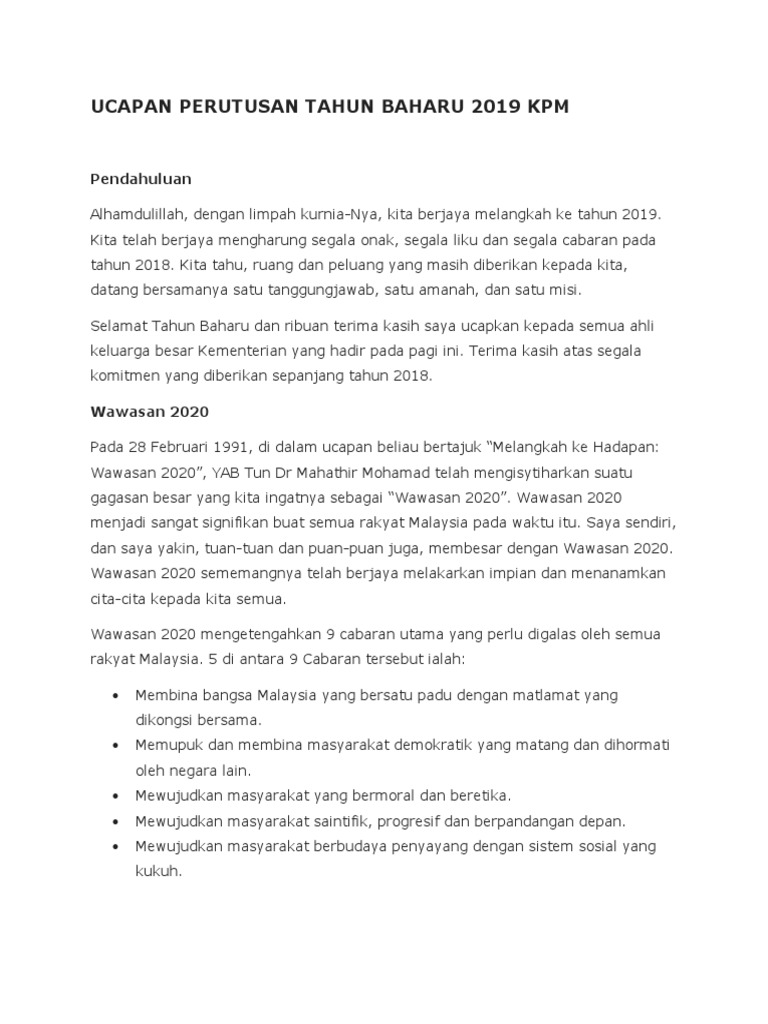 Intipati Ucapan Perutusan Tahun Baharu 2019 Kpm Shiranase