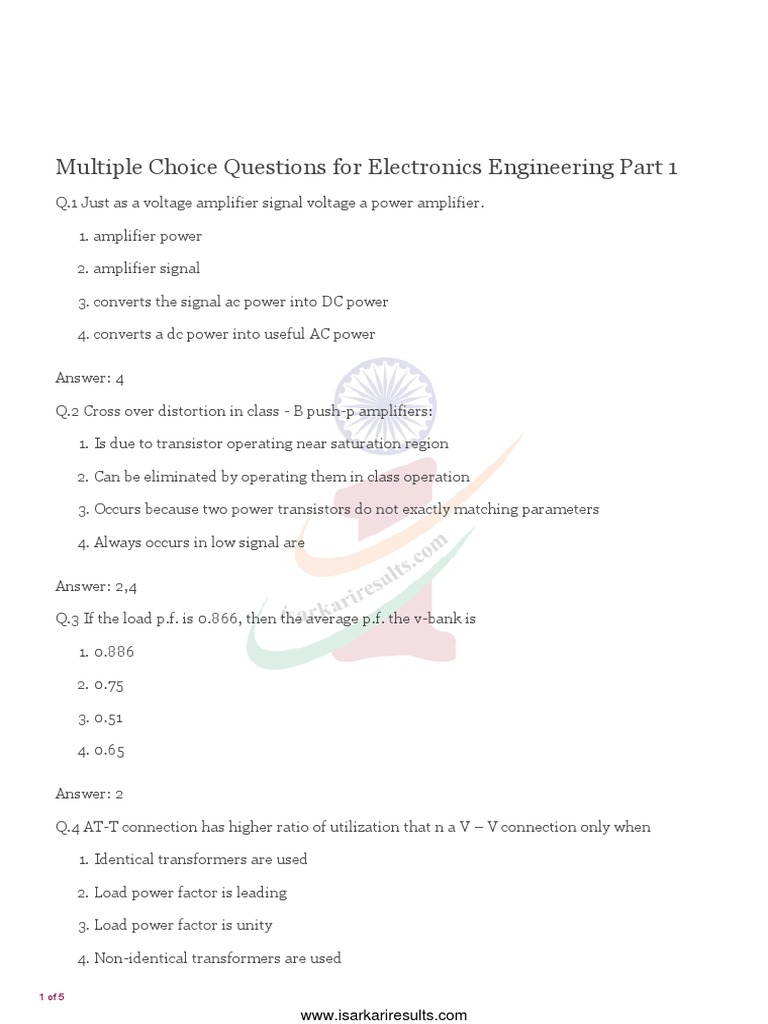 Electronics MCQs for 8th Grade | PDF | Amplifier | Bipolar Junction ...