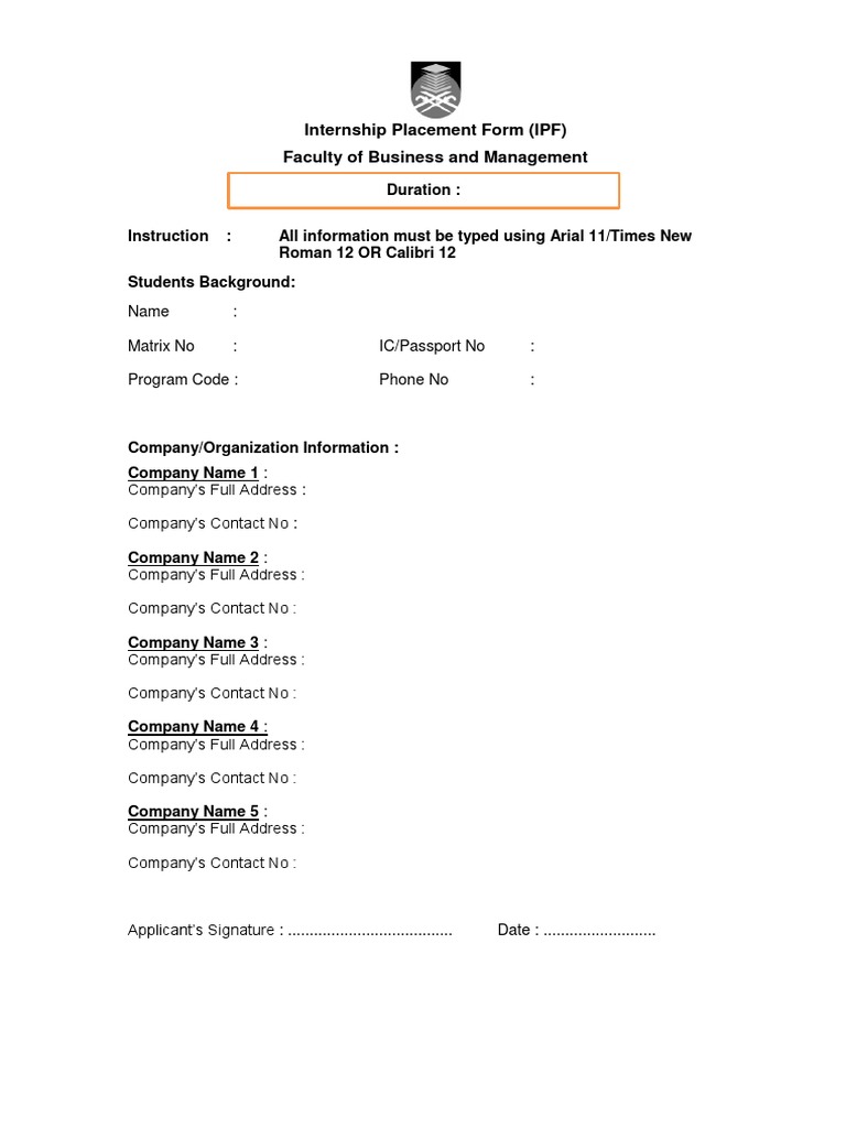 Internship Placement Form (IPF) Faculty of Business and Management | PDF