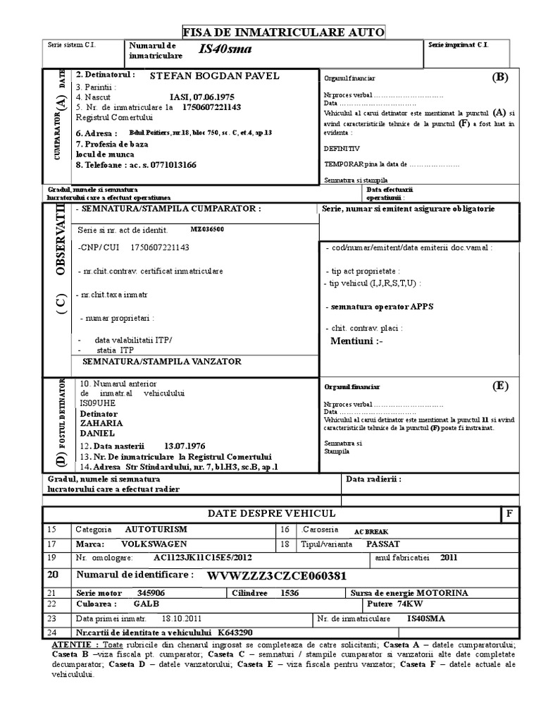 Fisa De Inmatriculare Auto