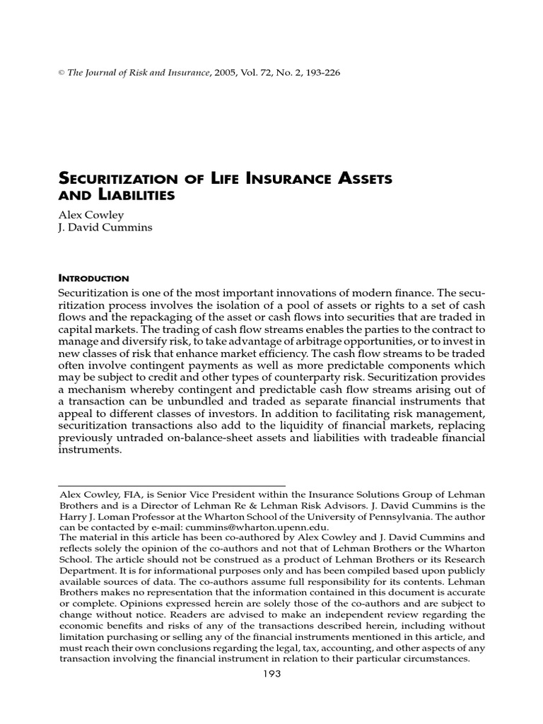 Securitization of Life Insurance Assets | PDF | Securitization | Asset ...