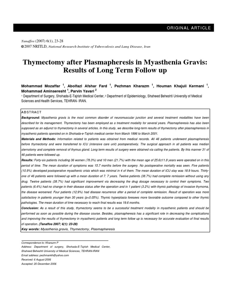 Thymectomy After Plasmapheresis in Myasthenia Gravis Results of Long